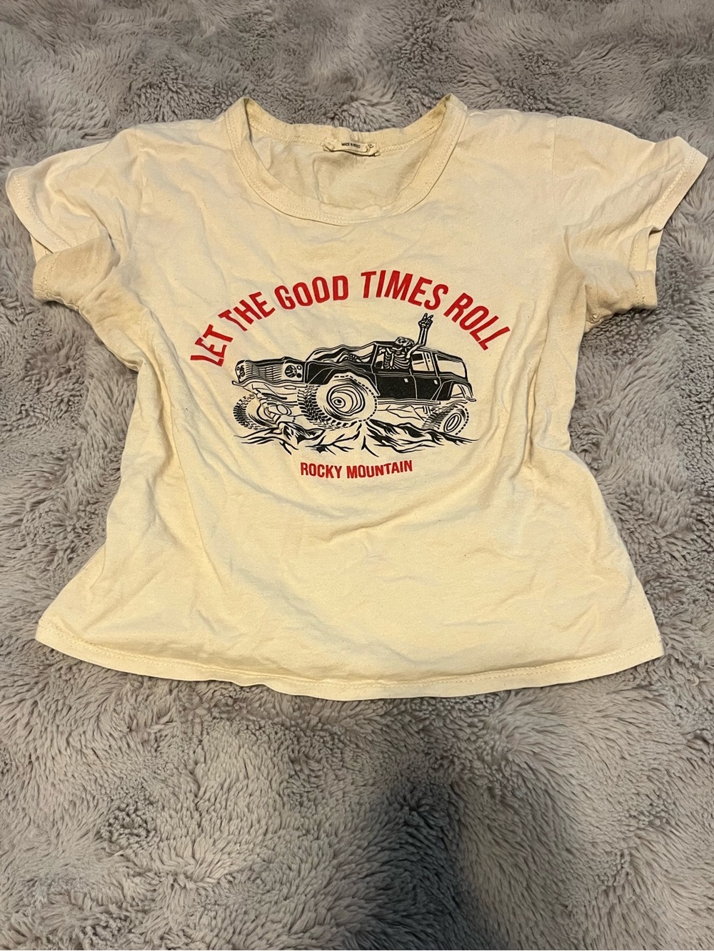 'Let The Good Times Roll' Baby Tee - Cream with Red & Black Print Crop Top